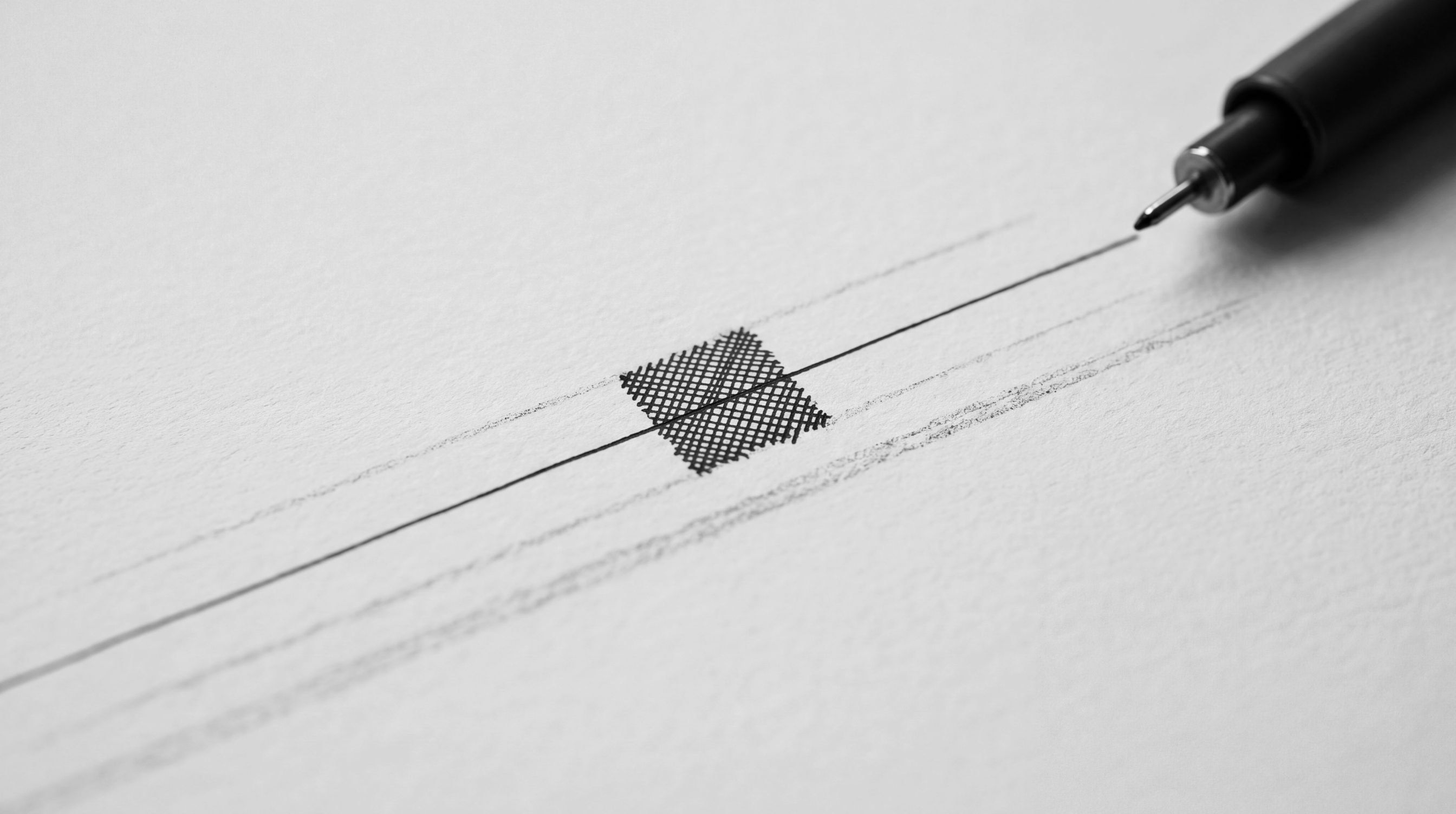 Abstract examination motif: a fine ink hairline drawn across paper, cross-hatched at the one point that needs a closer look