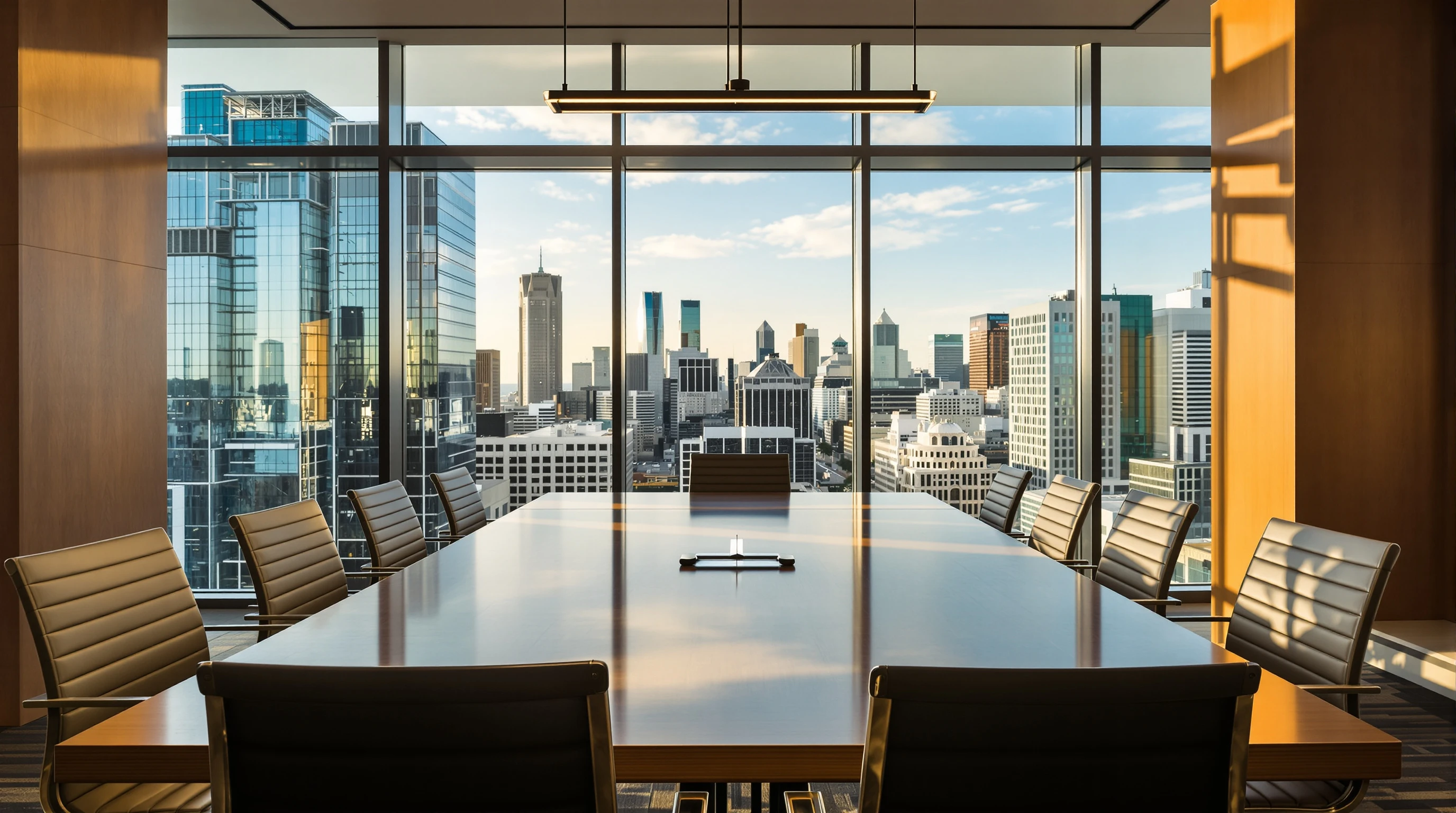 Modern Johannesburg boardroom with city skyline through windows