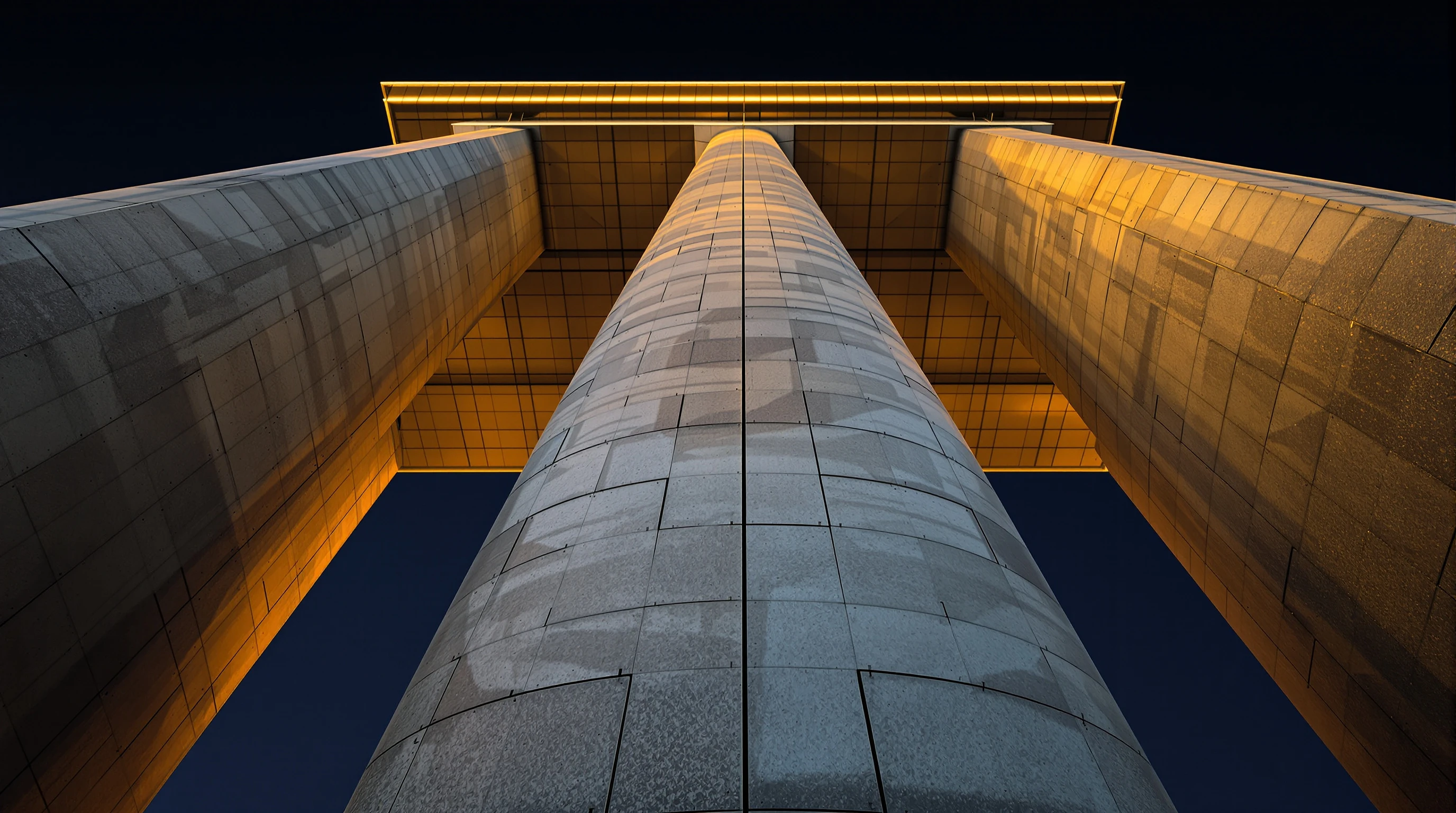 Three monumental architectural columns at golden hour