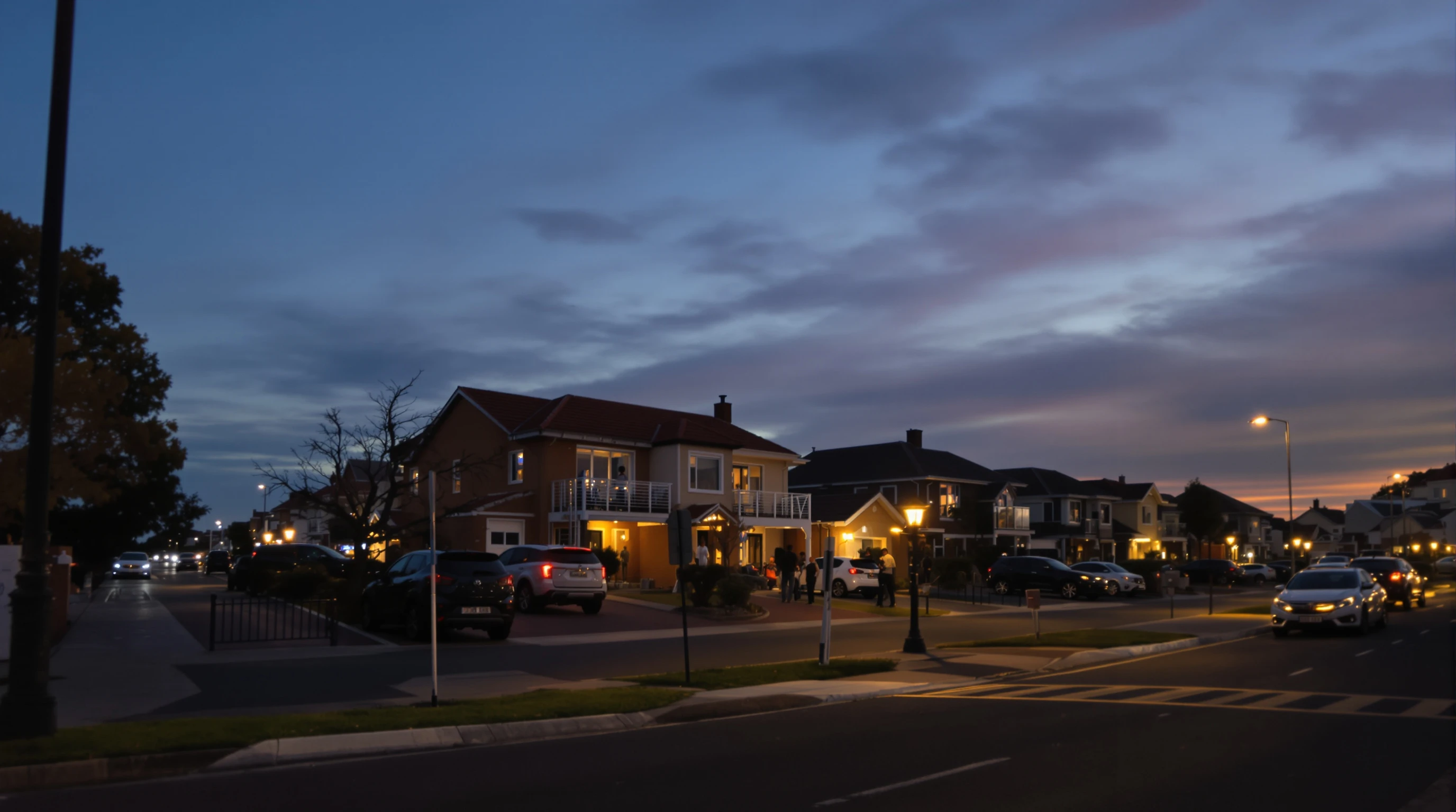 South African neighbourhood at dusk with warm porch lights