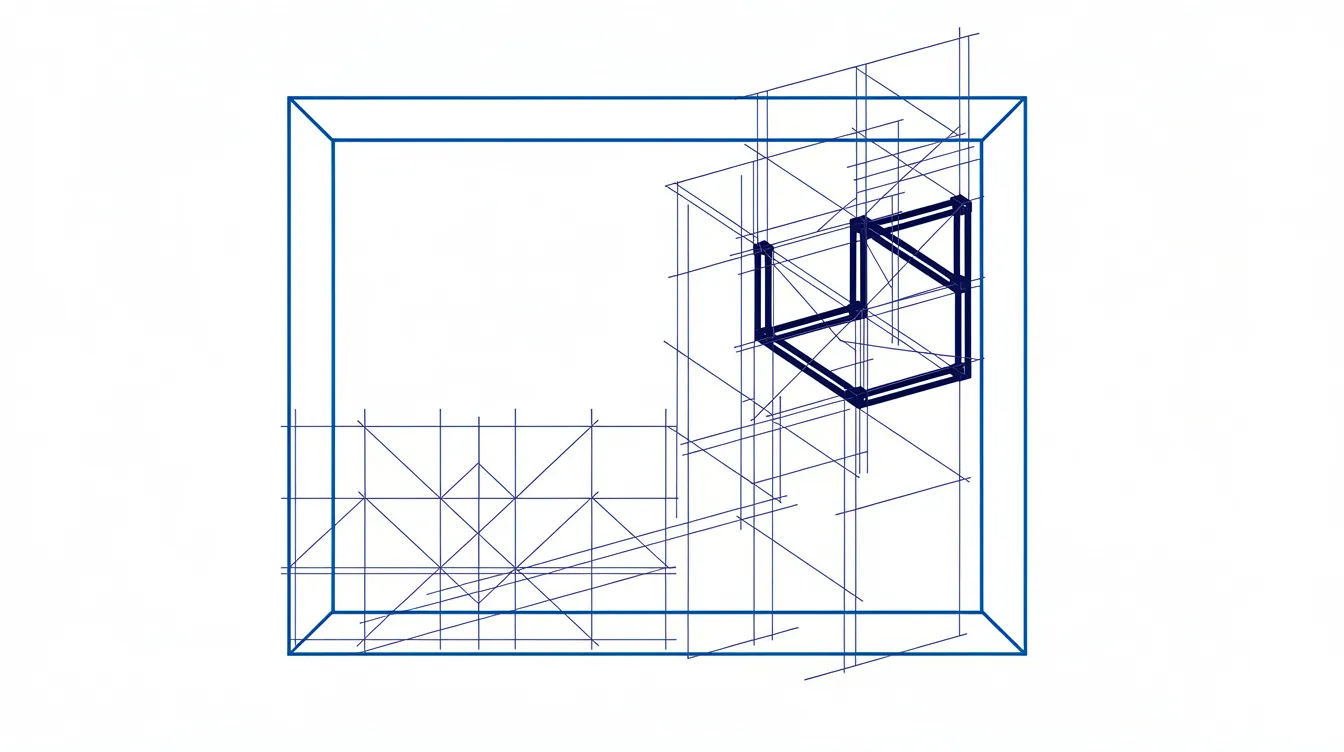 Abstract editorial illustration: a hairline scaffold grown inside a larger architectural frame