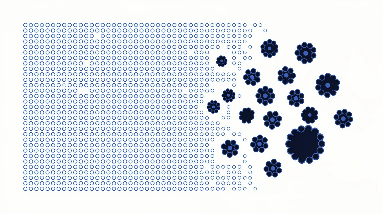 Abstract editorial illustration: a field of identical evenly spaced dots on the left dissolving into weighted clusters of varied sizes on th