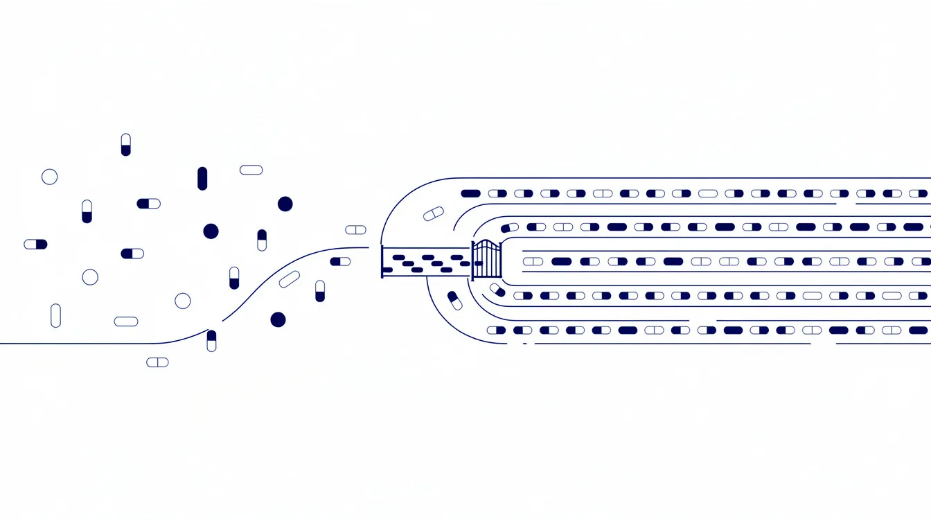Abstract editorial illustration: scattered small shapes outside a hairline boundary flowing through one gated opening into ordered parallel
