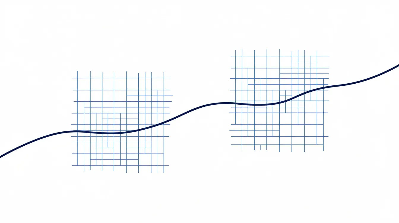 Abstract editorial illustration: two separate hairline lattices joined by a single strong navy thread