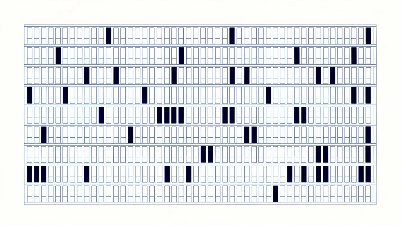 Abstract editorial illustration: a precise archive wall of small uniform rectangles in strict rows