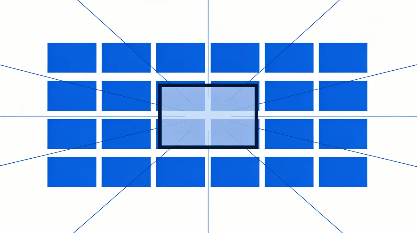 Abstract editorial illustration: a grid of opaque panels with one translucent pane