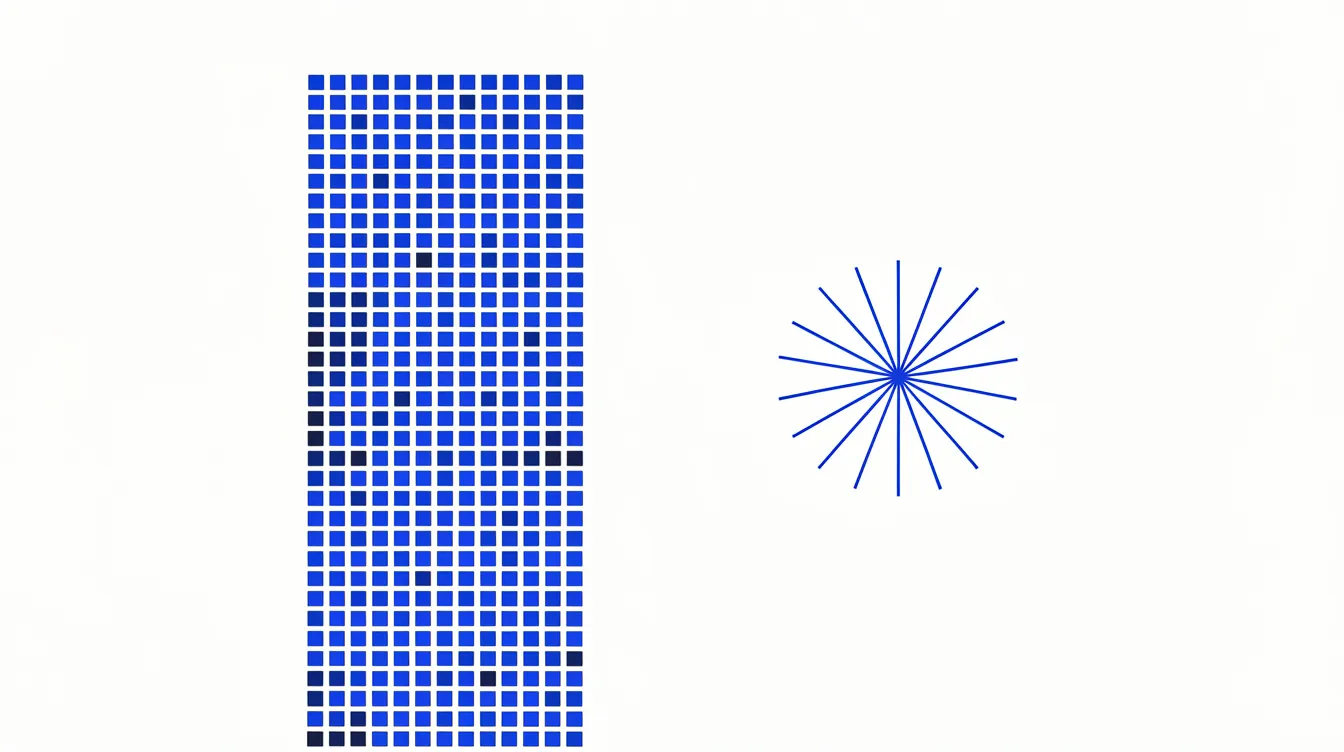 Abstract editorial illustration: a dense field of small uniform square marks accumulating row by row into a tall stable column