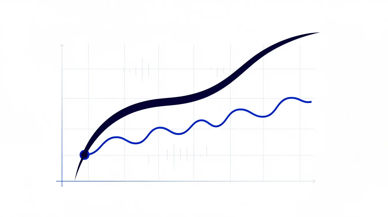 Abstract editorial illustration: a smooth measured curve and a wavering denial line diverging from the same origin
