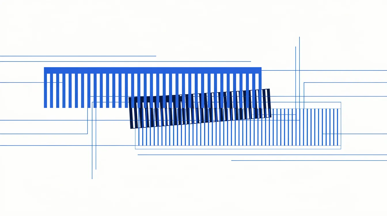 Abstract editorial illustration: two interleaved comb structures with coarse and fine teeth meshing into one continuous band