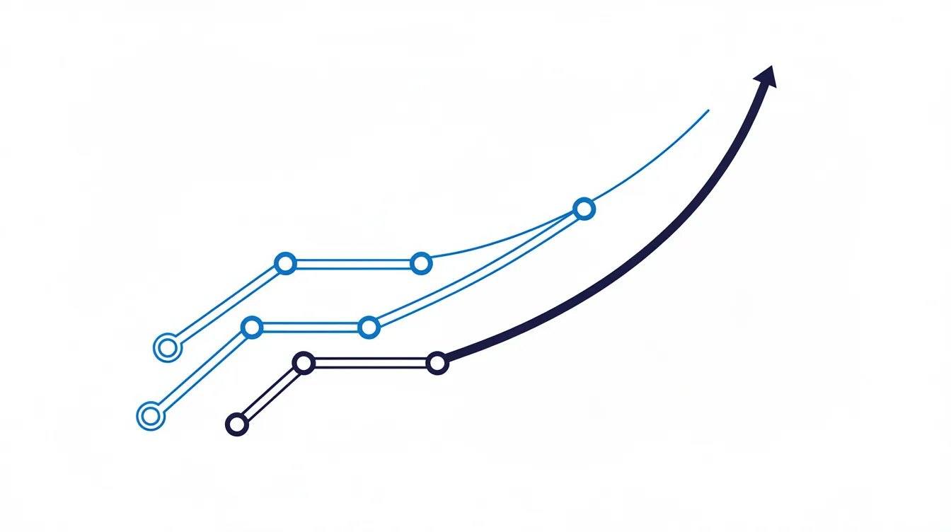 Abstract editorial illustration: three separate hairline mechanical linkages converging into a single smooth rising curve
