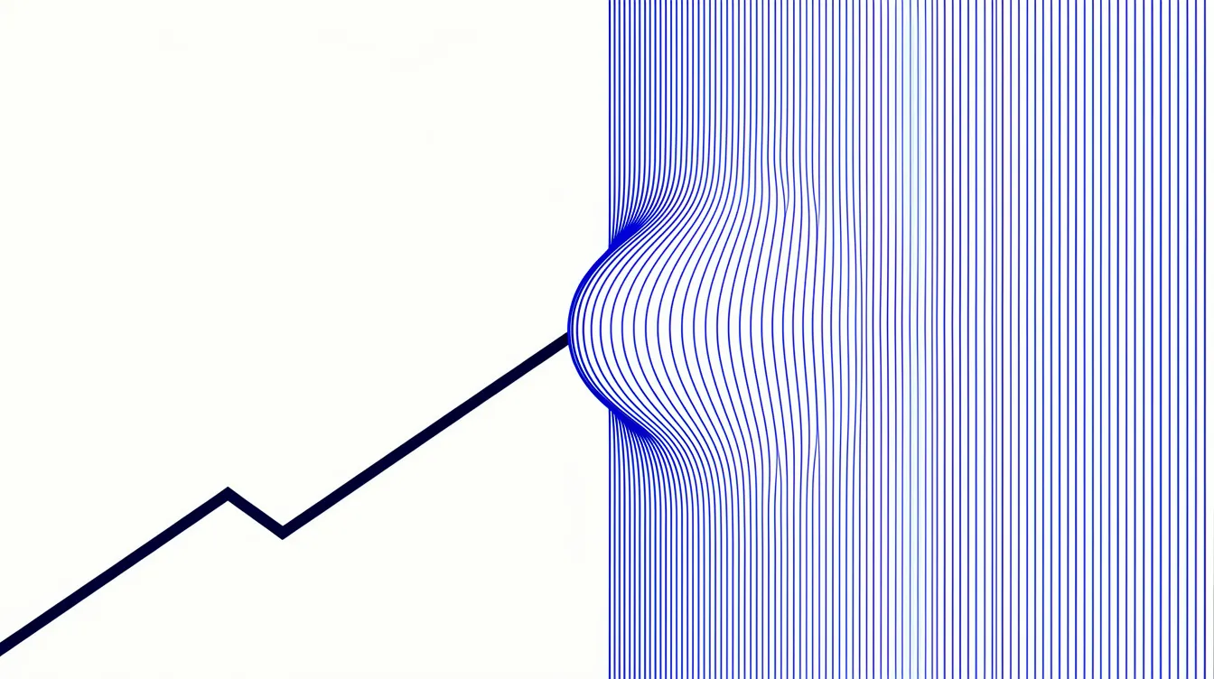 Abstract editorial illustration: a clean ascending measured line meeting a dense wall of hatching and pressing a bulge into it