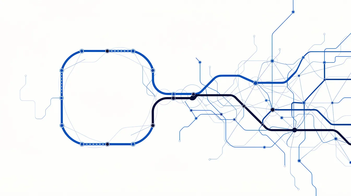 Abstract editorial illustration: two overlapping route networks