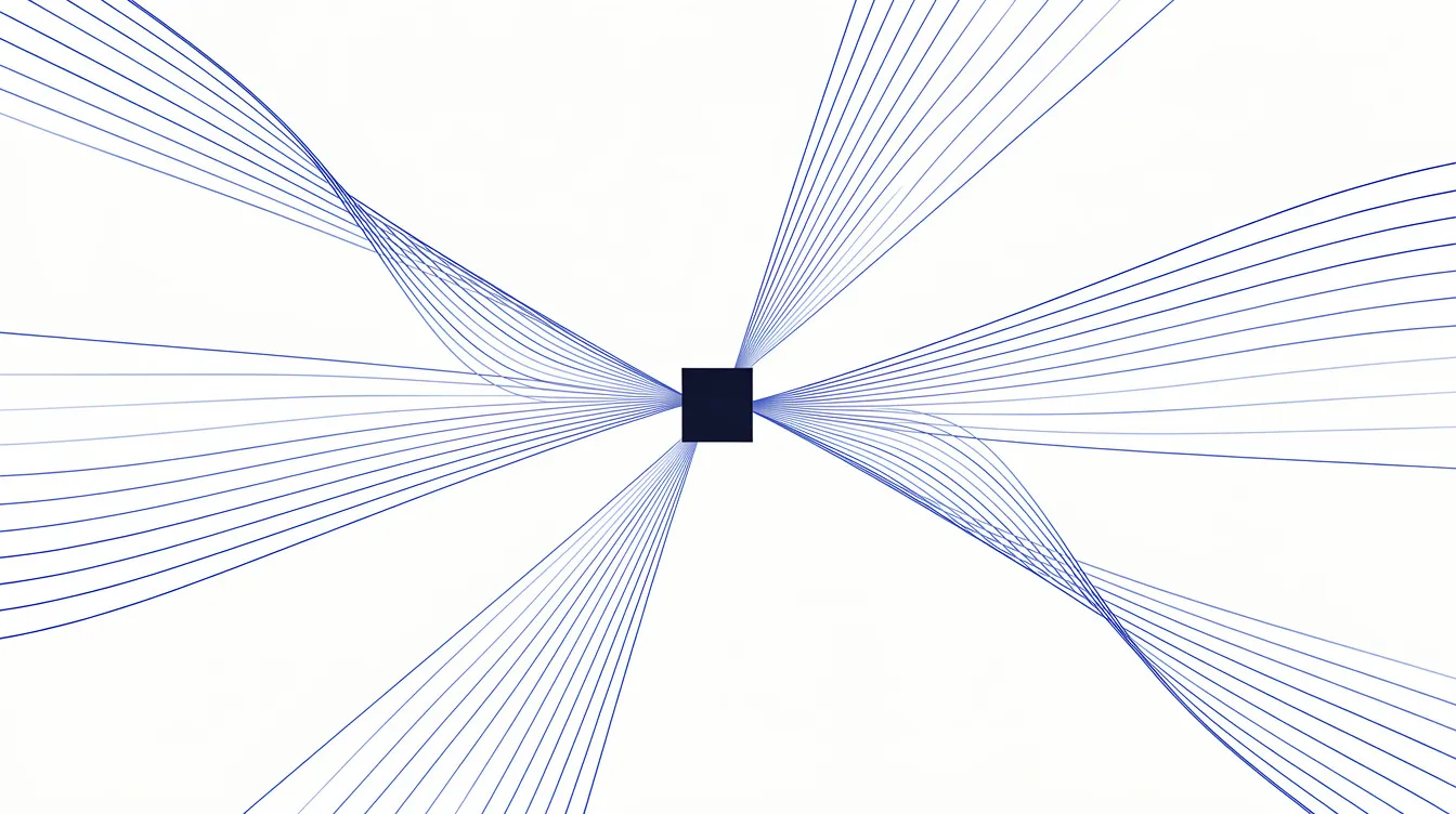 Abstract editorial illustration: many scattered thin information streams converging into one small solid square