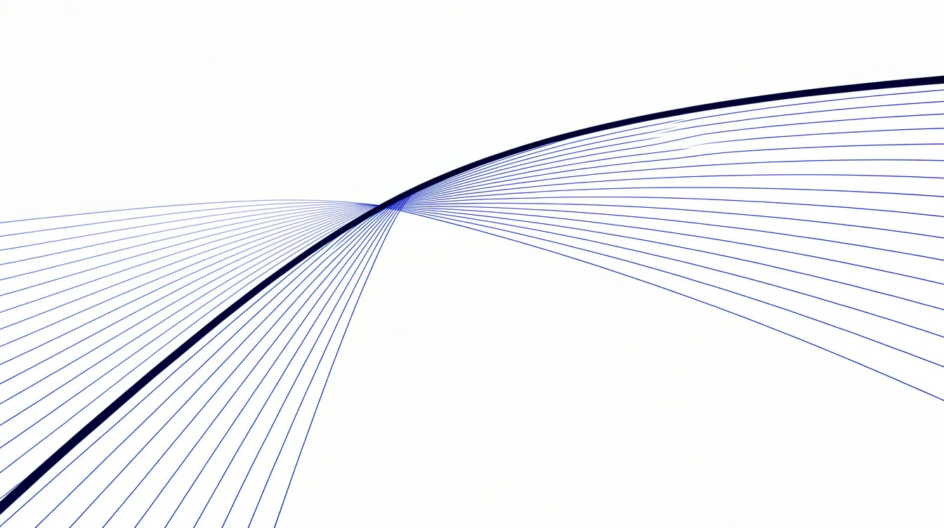 Abstract editorial illustration: one strong navy line drawing a fan of parallel hairlines into phase