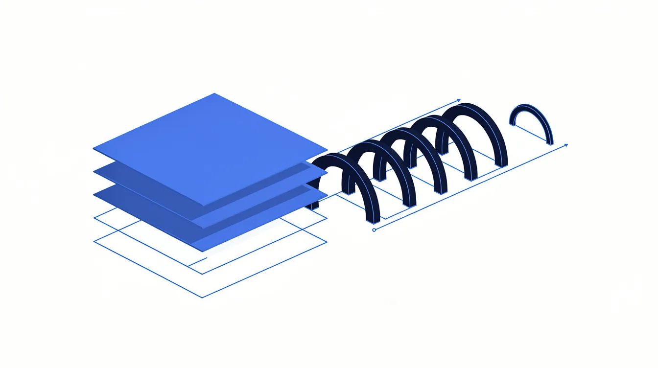 Abstract editorial illustration: a chain of nested arcs passing energy from a large arc to progressively smaller ones