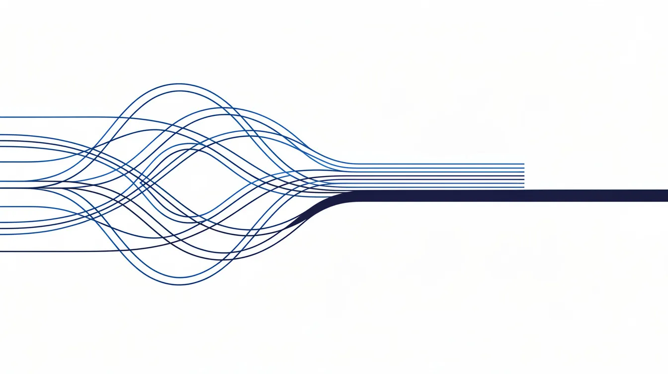 Abstract editorial illustration: seven tangled hairline streams untangling into a single straight channel