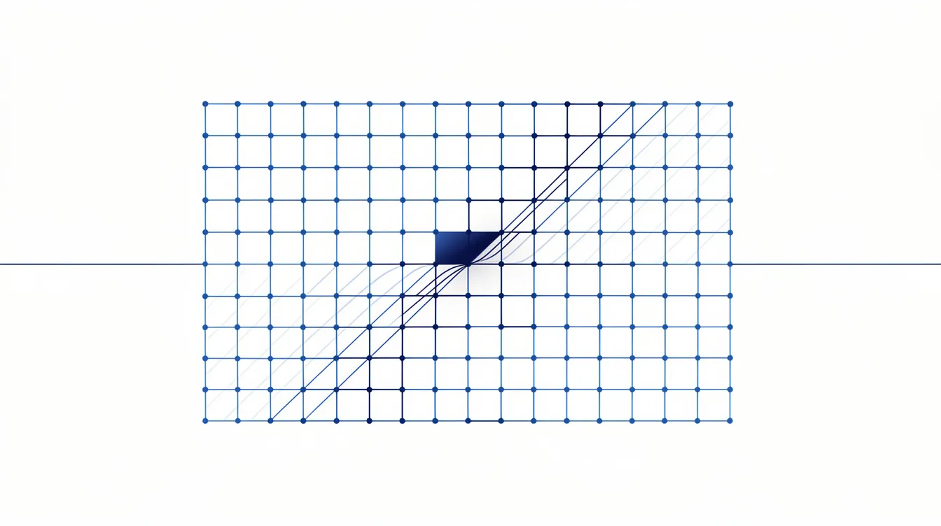 Abstract editorial illustration: an ordered lattice with a faint duplicate lattice offset behind it slipping past the boundary line