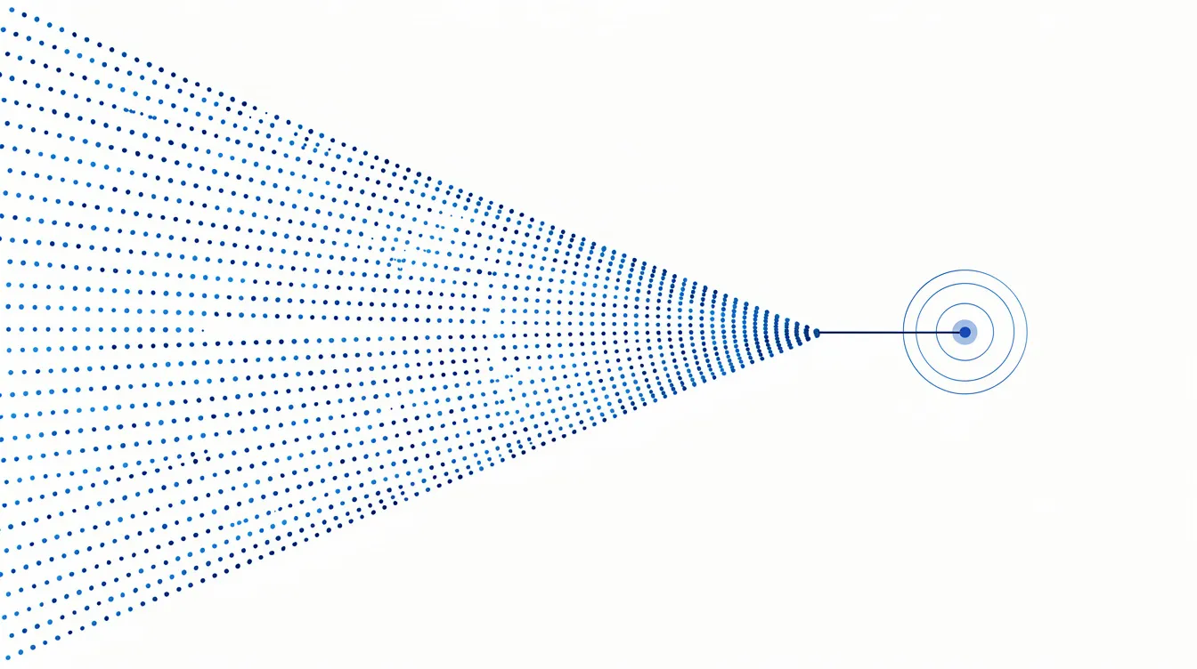 Abstract editorial illustration: a wide cone of scattered fine dots narrowing into one precise trajectory line reaching a small target ring