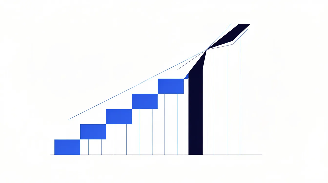 Abstract editorial illustration: a rising staircase whose later steps stretch taller and taller until the climb line breaks