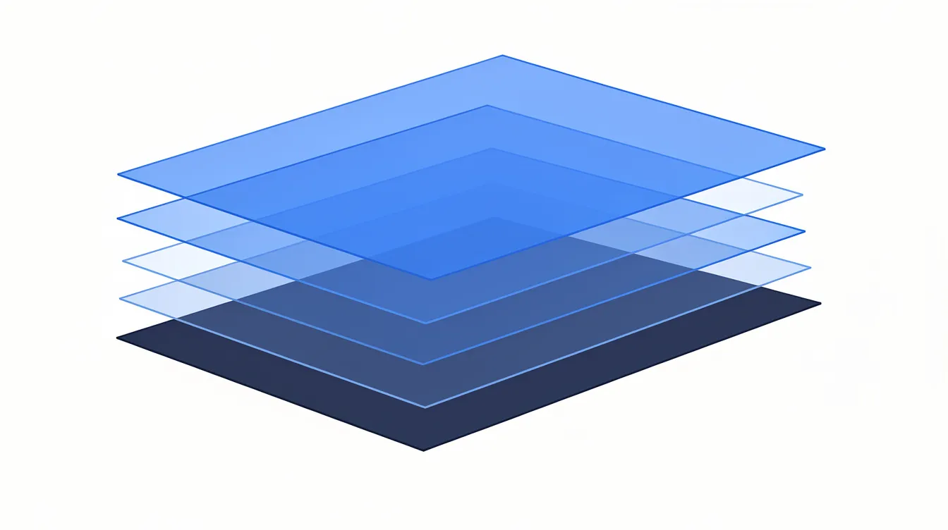 Abstract editorial illustration: layered transparent sheets stacked in strict order with the base sheet emphasized in navy beneath all other